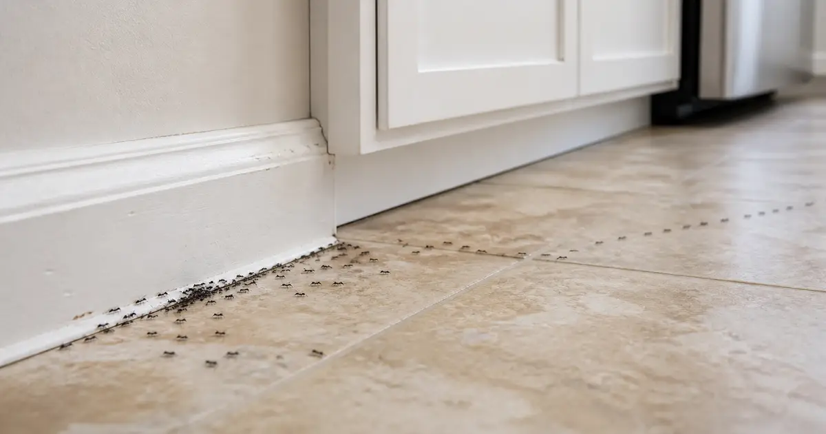 File de fourmis le long d'une plinthe de cuisine dans une maison