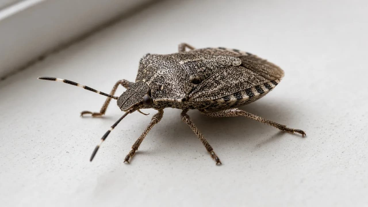 Punaise diabolique brun marbré en forme de bouclier sur un rebord de fenêtre intérieur