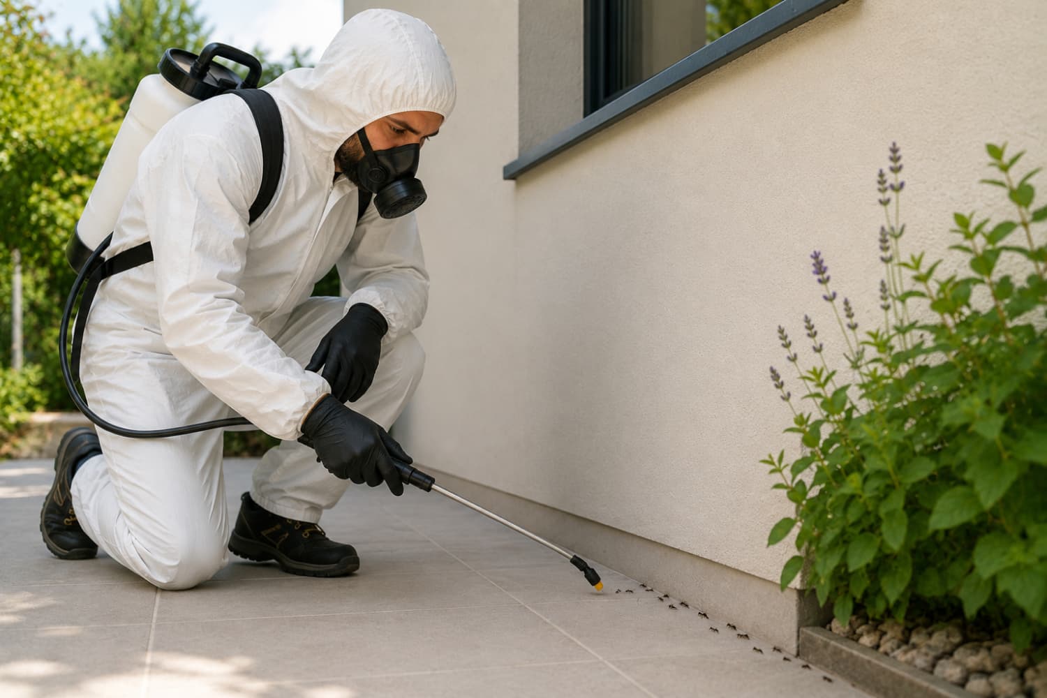 Technicien Eradize appliquant un gel insecticide pour traiter une infestation de fourmis à Lyon