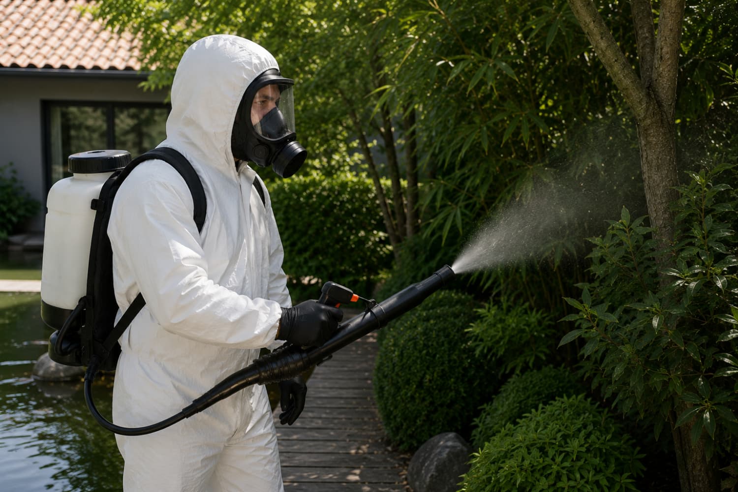 Technicien Eradize réalisant une démoustication professionnelle dans un jardin à Lyon